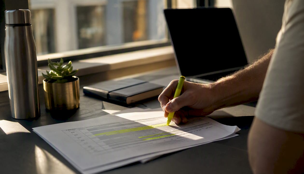 Hand marking budget chart on desk