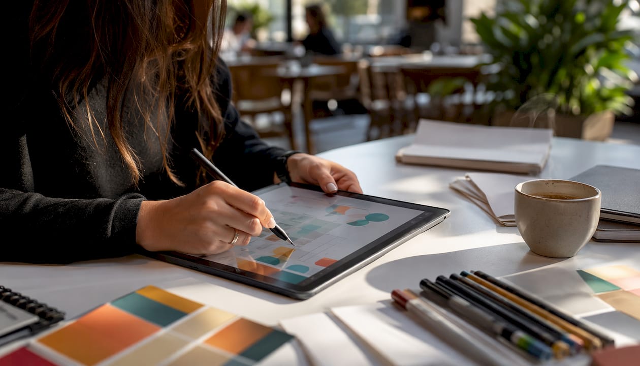 Designer working on infographic via tablet stylus